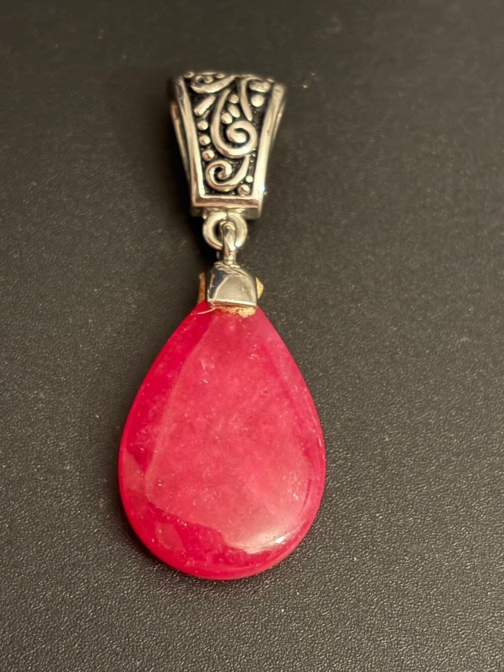 Vintage Genuine Pink Dyed Stone Teardrop Pendant Silver Tone
